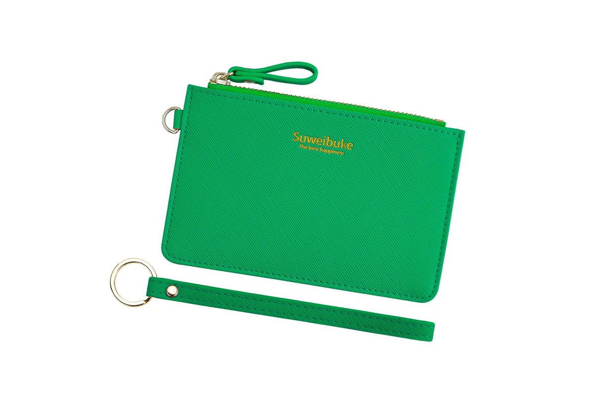 Women Slim RFID Card Case Holder Wristlet Zip ID Case Wallet Small Leather Wallet Coin Purse with Keychain, Green, S,