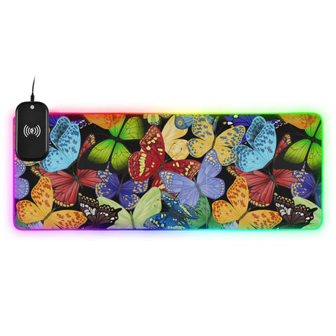 Butterfly Colored Insects Wireless Charging Mouse Pad for Mobile Phone Extra Large Gaming Mousepad with 13 Lighting Modes Keyboard Mat for Gaming MacBook PC Laptop Desk Office Home