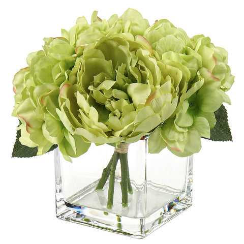 Briful Fake Flowers in Vase Silk Peony Hydrangea Flowers with Faux Water for Home Wedding Party Decoration Artificial Flowers Peony Hydrangea in Glass Pots for Table Centerpieces - Green