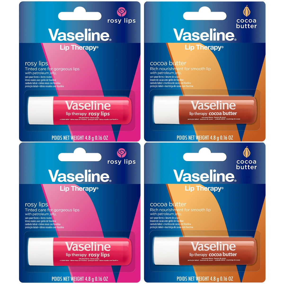 Vaseline Lip Therapy Variety 4-Pack - Rosy Lips + Cocoa Butter Moisturizing Lip Balm with Vitamin E, 0.16 Oz Ea