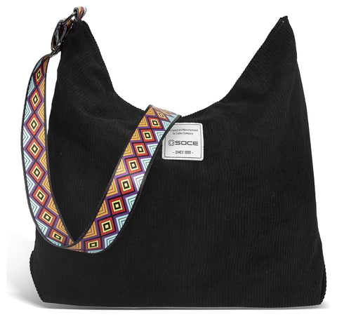 OSOCE Corduroy Totes Bag for Women with Adjustable Strap Large Crossbody Hobo Bag Casual Handbag Fashion Shoulder Bag Black