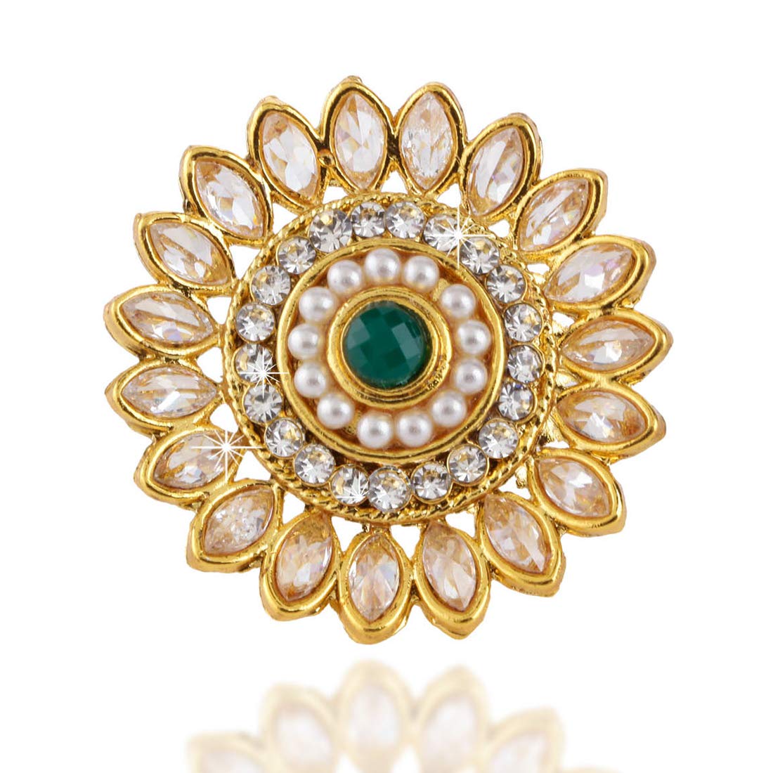 Yellow Chimes Traditional Crystal Studded Classic Gold Plated Ring for Women (Golden;Green) (YCTJRG-02KUND-GL)
