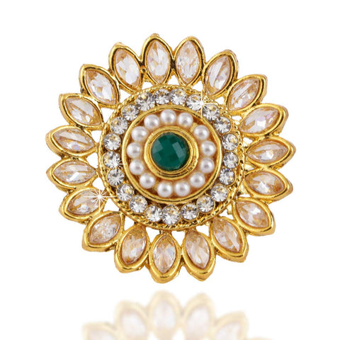 Yellow Chimes Traditional Crystal Studded Classic Gold Plated Ring for Women (Golden;Green) (YCTJRG-02KUND-GL)