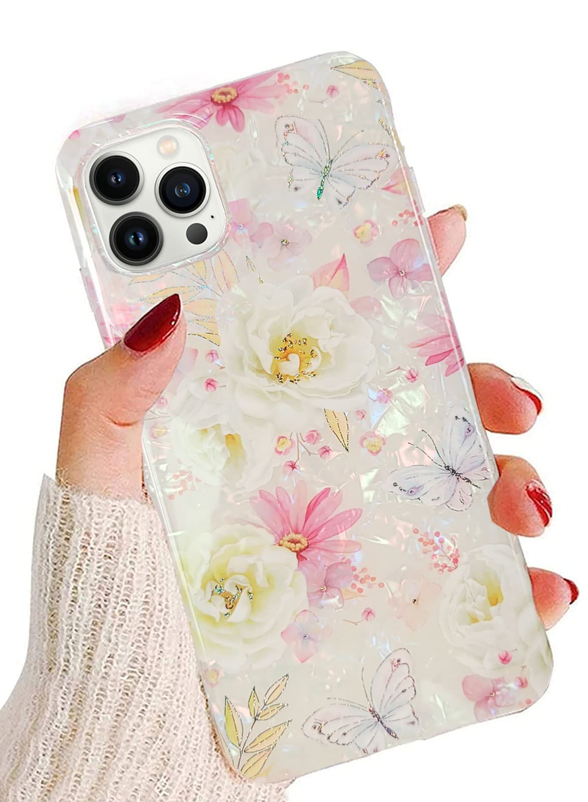 J.west iPhone 13 Pro Max Case 6.7 inch,Luxury Sparkle Glitter Soft Clear Colorful Opal Pearly Thinfoil Design Shiny Floral Print Silicone Cover for Women Girls Slim TPU Protective Phone Case