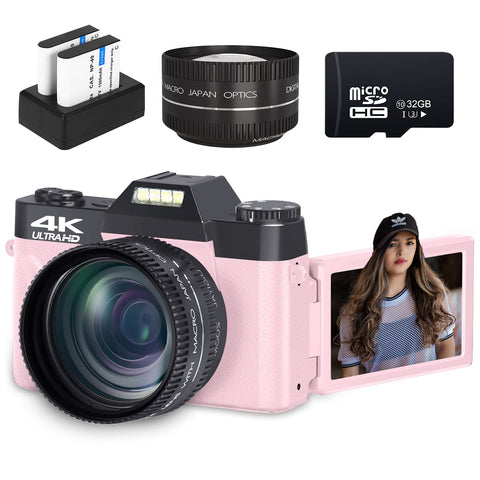 Digital Cameras for Photoggraphy, 4K Vlogging Camera for YouTube with Built-in Fill Light, 16X Digital Zoom, Manual Focus, 52mm Wide Angle Lens & Macro Lens, 32GB TF Card and 2 Batteries Pink