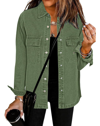 luvamia Long Shacket Jacket Women Denim Shirt Women Green Jacket Womens Light Jacket Shacket Jacket Womens Shirts Casual Summer Denim Jacket For Women Size Medium Size 8 10
