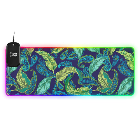 Blue Paisley Leaves Wireless Charging Mouse Pad for Mobile Phone Extra Large Gaming Mousepad with 13 Lighting Modes Mouse Mat for Office Home Gaming MacBook PC Laptop Desk