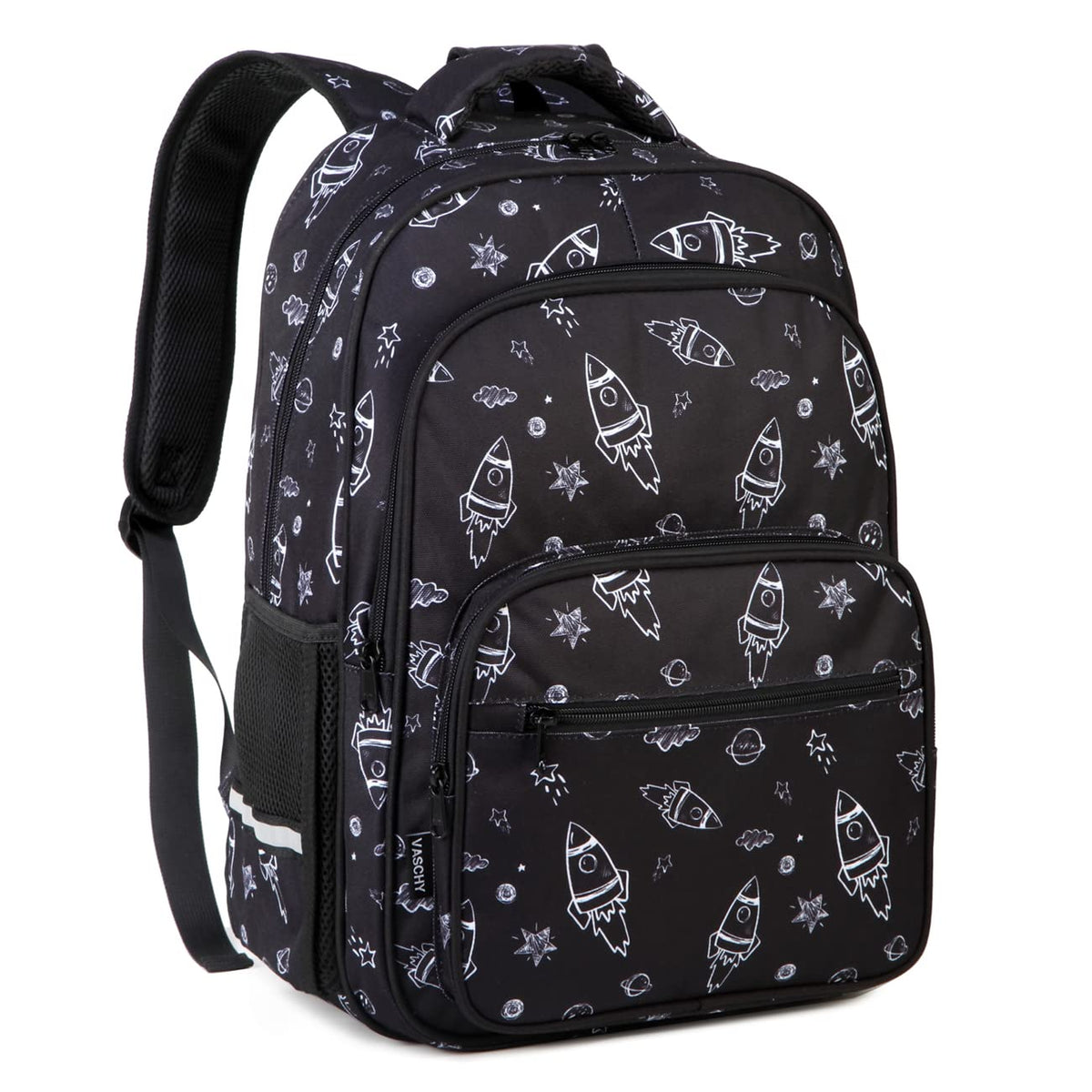 VASCHY School Bag for Boys, 16inch Multi-compartment Kids Backpack for Boys Lightweight Water Resistant Childrens Rucksack with Reflective Chest Strap for Middle Primary School(Black Space)