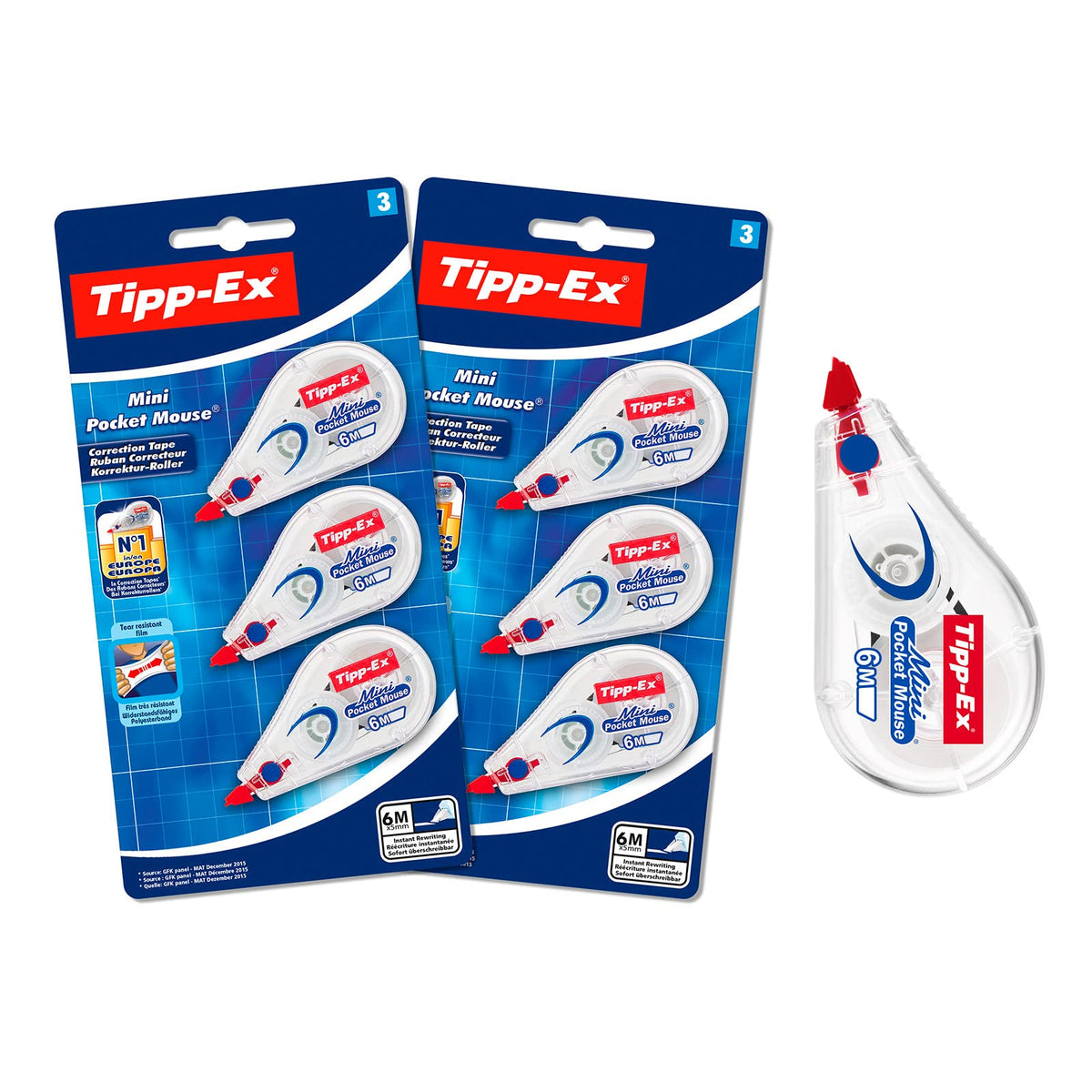 Tipp-Ex BIC Mini Pocket Mouse, Correction Tape, 36m Coverage of Tear-Resistant Tape, Ideal for School and Office, White, 2 Packs of 3