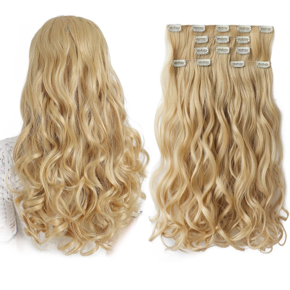 HSPJHTM Pale Blonde Hair Extensions Wavy Clip in Hair Extension for Women Halloween 5 Pieces Set 18" Synthetic Length Curly Wave Natural Thick Hair Pieces for Girls Cheap Full Head