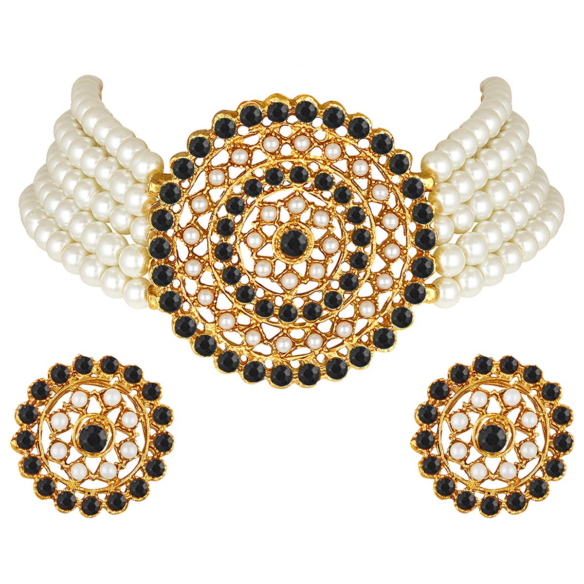 Aheli Faux Pearl Kundan White Black Choker Necklace with Round Earrings Indian Traditional Bollywood Jewelry Set for Women Girls