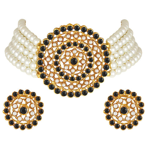 Aheli Faux Pearl Kundan White Black Choker Necklace with Round Earrings Indian Traditional Bollywood Jewelry Set for Women Girls