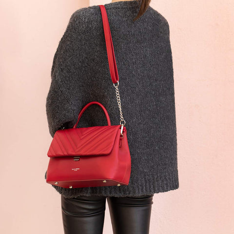 David Jones - Women's Crossbody Bag Quilted Flap - Elegant Satchel PU Leather - Chain Shoulder Messenger Bags - Top-Handle Handbag Medium Size - Ladies Fashion Clutch Chevron V Trendy - Black