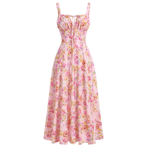 IBTOM Castle Women's Floral Corset Dress Square Neck Spaghetti Strap Summer Boho Sundress Casual Flowy Slit Bustier Dresses Pink-Floral XL