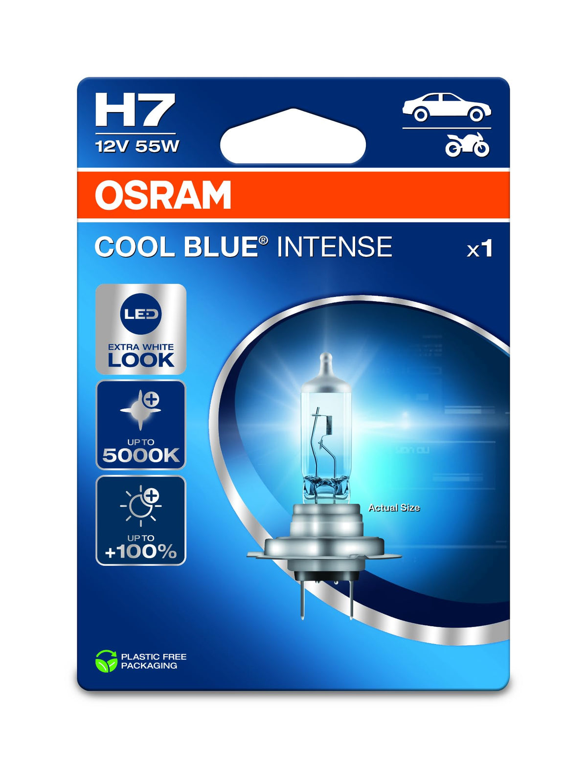 OSRAM COOL BLUEÂ® INTENSE H7, +100% more brightness, up to 5,000K, halogen headlight lamp, LED look, Single Blister (1 lamp)