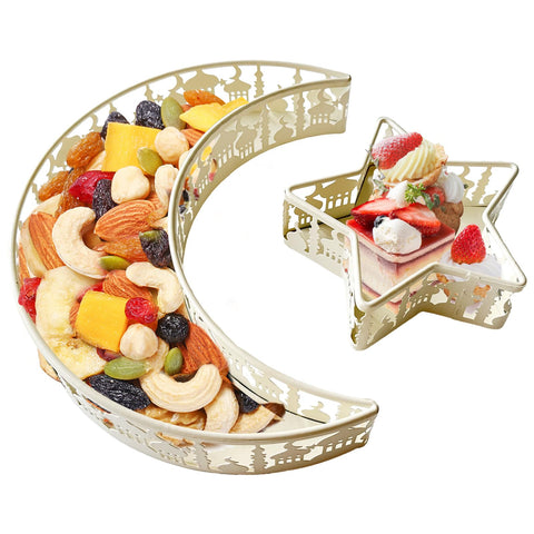 Ramadan Tray Eid Mubarak Moon Star Tray, Islam Muslim Al-Fitr Iftar Party Food Serving Tray, Ramadan Metal Platters Table Decor for Breakfast Dinner Dessert Pastry Display Holder Decoration