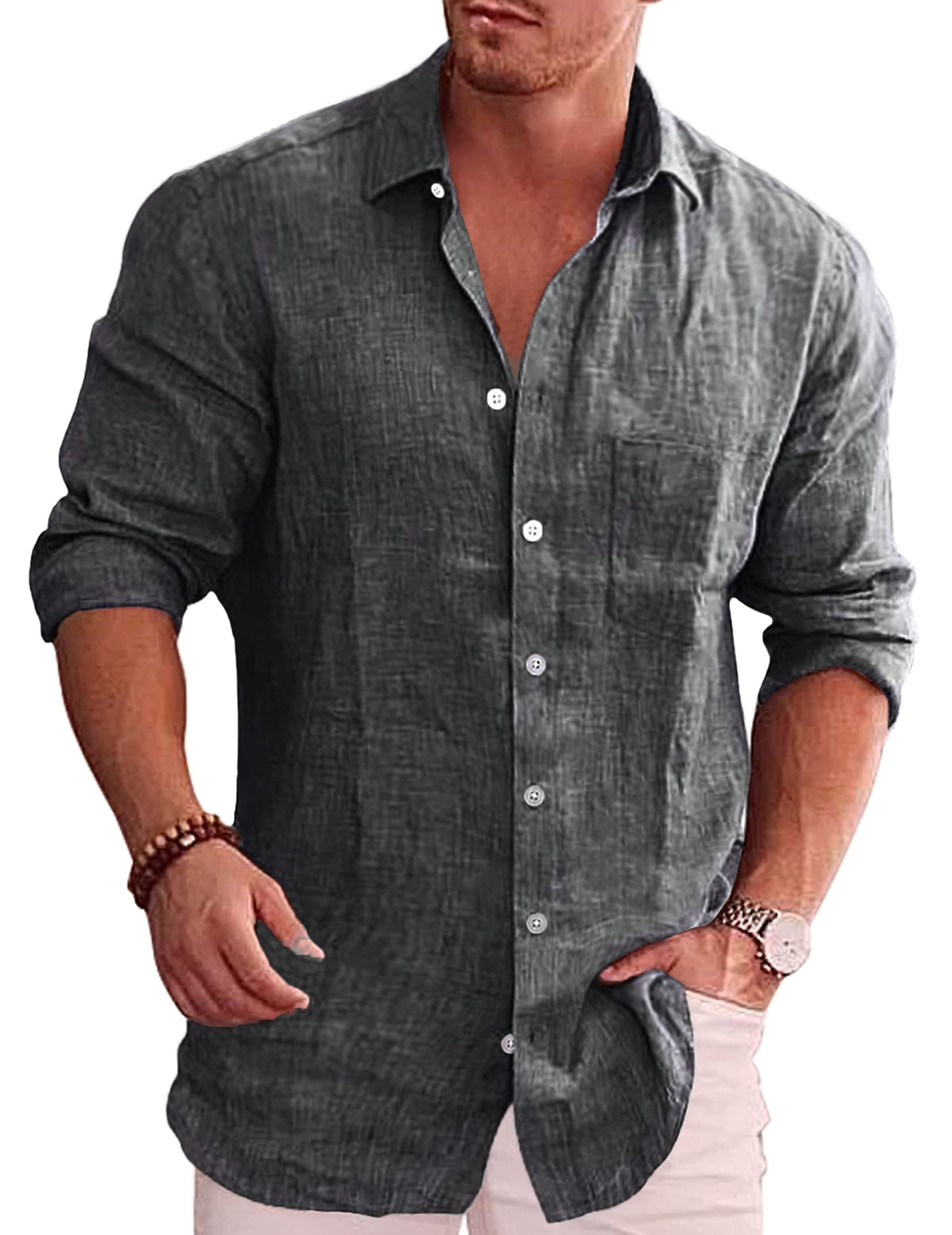 COOFANDY Men's Textured Button Up Shirts Basic Solid Linen Business Casual Shirt