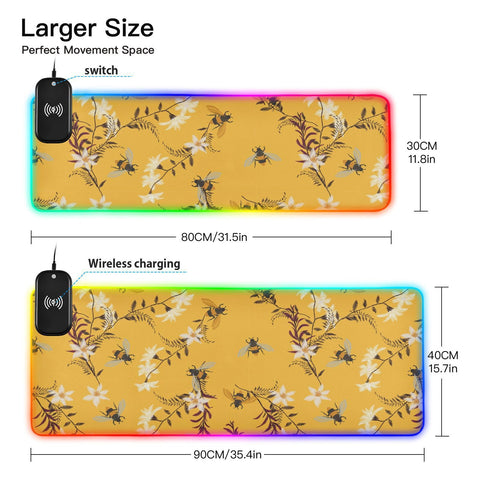 Bee Butterfly Flowers Wireless Charging Mouse Pad for Mobile Phone Extra Large Gaming Mousepad with 13 Lighting Modes Computer Mat for Office Home Gaming MacBook PC Laptop Desk
