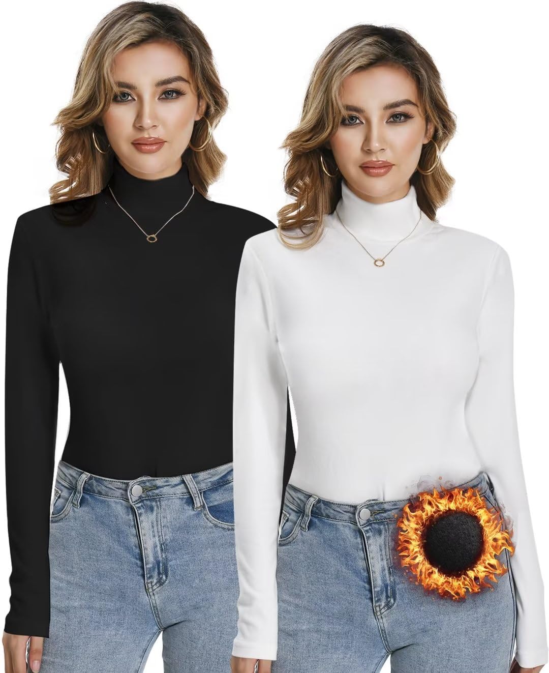 Dalavch 2/3 Pack Women Long Sleeve Thermal Turtle Neck Shirts Double-Sided Fleece Lined Turtleneck Base Layer Sweater Tops, Black White, XL
