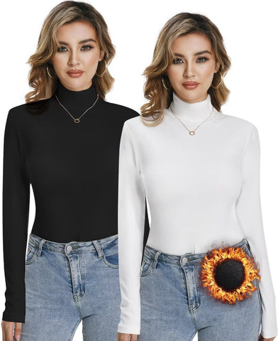 Dalavch 2/3 Pack Women Long Sleeve Thermal Turtle Neck Shirts Double-Sided Fleece Lined Turtleneck Base Layer Sweater Tops, Black White, XL