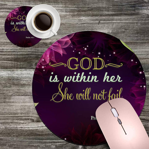 Round Mouse Pad and Coasters Set,Quote Bible Verses Psalm 46:5 Non-Slip Rubber Circular Mouse Pads Customized Designed for Home and Office 7.9 x 7.9inch