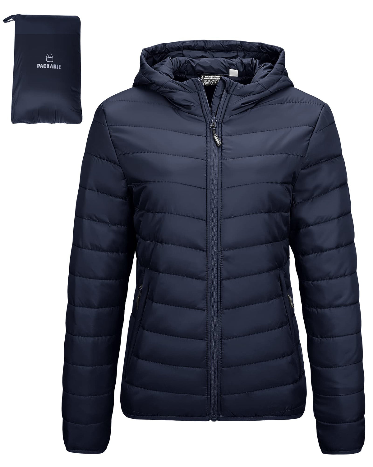 Outdoor Ventures Womens Winter Lightweight Puffer Jacket with Hood Warm Short Packable Quilted Jacket Transitional Padded Down Jacket for Ladies Lined for Hiking Travel, Dark Blue M