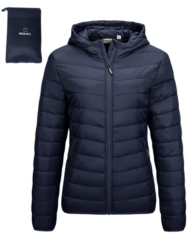 Outdoor Ventures Womens Winter Lightweight Puffer Jacket with Hood Warm Short Packable Quilted Jacket Transitional Padded Down Jacket for Ladies Lined for Hiking Travel, Dark Blue M