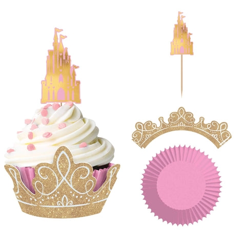 Disney Princess Pink and Gold Glitter Cupcake Kit - 24 Set (24 Liners, 24 Picks, 24 Wraps) | Fun & Creative Frozen Party Essentials | Great For Cupcake Decorating Activity For Kids