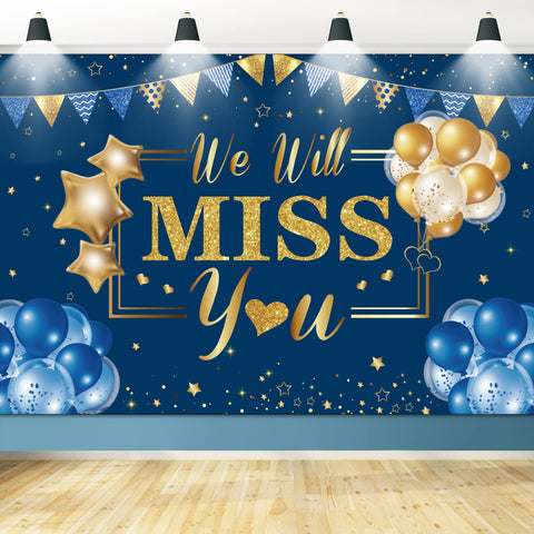 We Will Miss You Party Backdrop, Blue Gold Going Away Party Supplies Farewell Decorations Banner Goodbye Background for Farewell Graduation Retirement Party Decorations Supplies (A)
