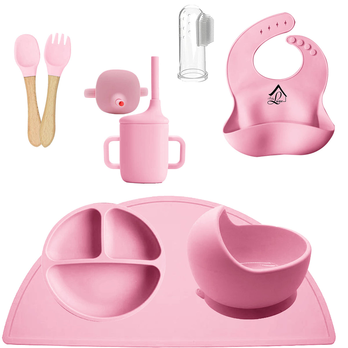 Baby Luxe 8 Piece Weaning Set + Teething Toothbrush. Silicone Divided Suction Plate, High Sided Bowl, Sippy Cup, Adjustable Bib, Mat, Spoon, Fork. Self Feeding Tableware, 6 Month & Toddler (Baby Pink)