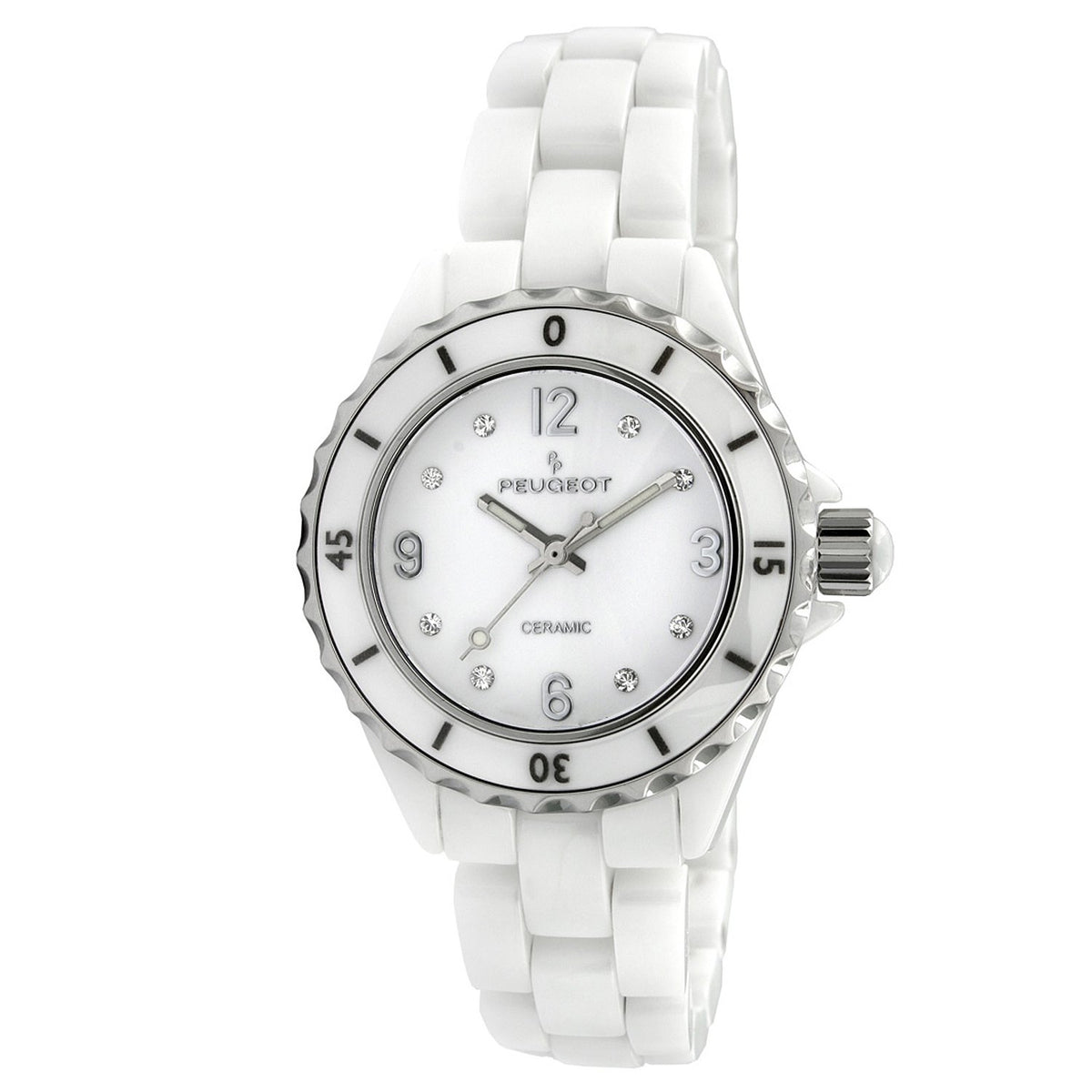 Peugeot White Ceramic Wrist Watch with Sport Bezel Swarovski & Crystal Markers
