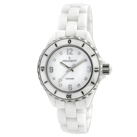 Peugeot White Ceramic Wrist Watch with Sport Bezel Swarovski & Crystal Markers