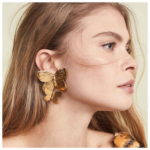 Dervivea Bohemia Big Butterfly Earrings Gold Dangle Drop Stud Earrings Punk Double Butterflies Element Earrings Gold Exaggerated Earrings Jewelry for Women and Girls