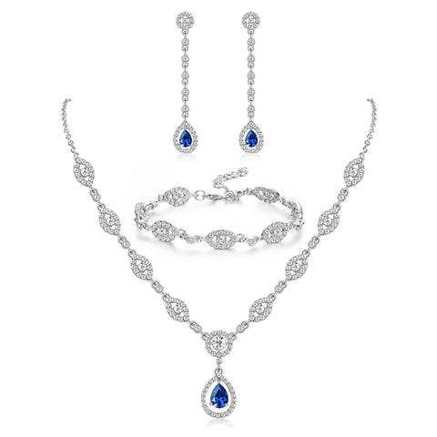 YADOCA Wedding Bridal Jewelry Set For Women Silver Prom Costume Jewelry Sets Rhinestone Crystal Teardrop Necklace Earrings Bracelet Bridesmaid Jewelry Accessories Blue