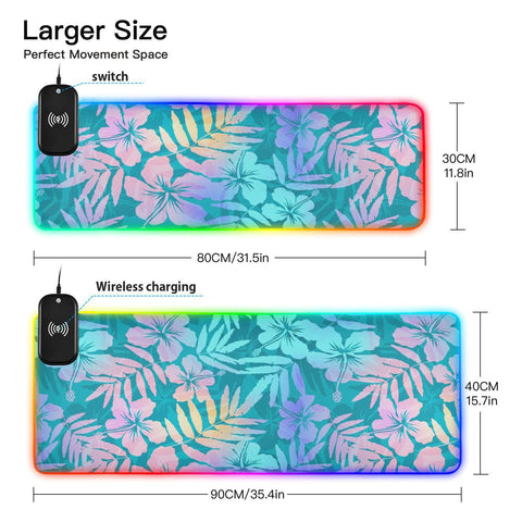 Blue Pink Flowers Wireless Charging Mouse Pad for Mobile Phone Extra Large Gaming Mousepad with 13 Lighting Modes Computer Mat for Gaming MacBook PC Laptop Desk Home Office