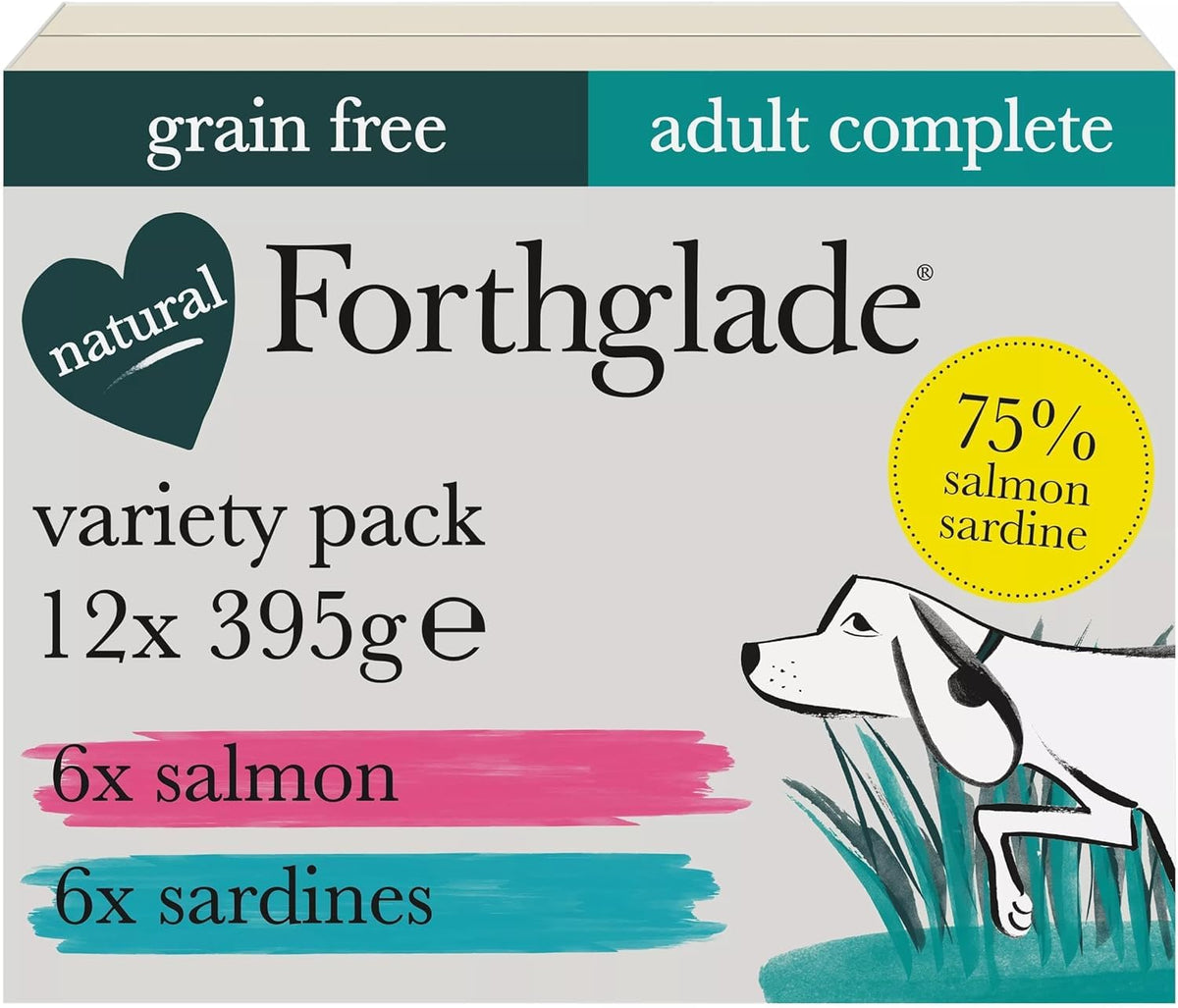 Forthglade Complete Natural Wet Dog Food - Grain Free with vegetables Variety Pack (12 x 395g) Trays - Salmon & Sardines - Adult Dog Food 1 Year+