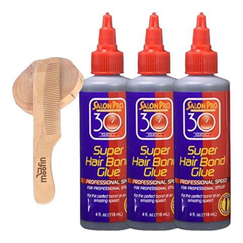 30 Second Bonding Glue Hair Supplies, 4 oz - Rapid Adhesion, Strong Hold for Wig Lace Glue & Eyelash Glue, Versatile Application Bundle with Moofin Wooden Comb [Pack of 3]