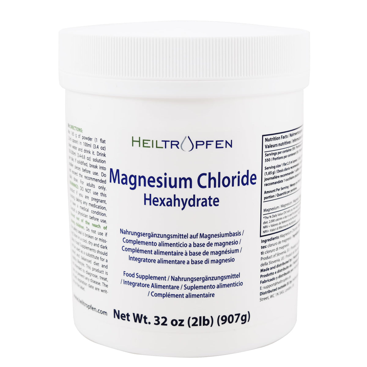 2 Pounds / 907 g Magnesium Chloride Powder | Hexahydrate | Pharmaceutical Grade ingredients | Crystal Powder | Pure Ph. Eur., BP, USP, 100% - Muscle Pain Relief | Heiltropfen®