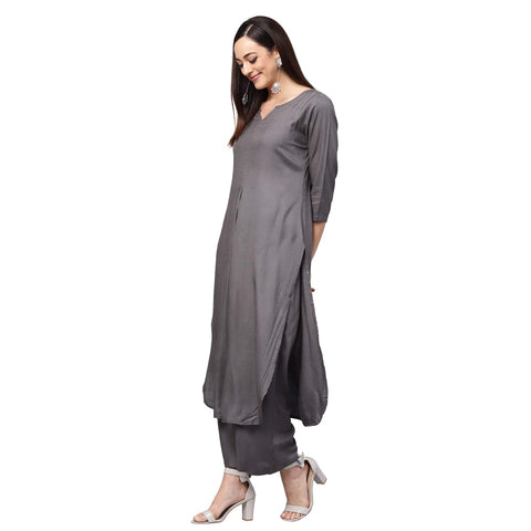 Idalia Rayon Solid Straight Kurta with Palazzo Pant Set - Designer Long Kurta Set, 3/4 Sleeve, Round V Neck, Calf Length (Alpha, 3X_l, Regular, Regular, Grey)