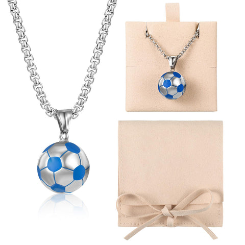 Yaomiao 3D Football Pendant Necklace with Chain, Jewellery Bag and Gift Card Stainless Steel Football Necklace Soccer Charm Necklace Football Gifts for Men Women Unisex(Blue)