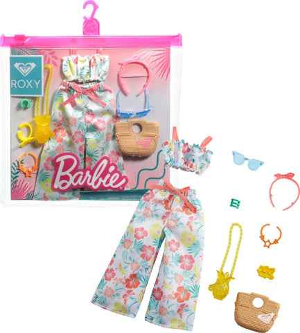 Barbie Storytelling Fashion Pack of Doll Clothes Inspired by Roxy: Matching Floral Top & Pants with 7 Accessories Dolls Including Pineapple Purse, Gift for 3 to 8 Year Olds