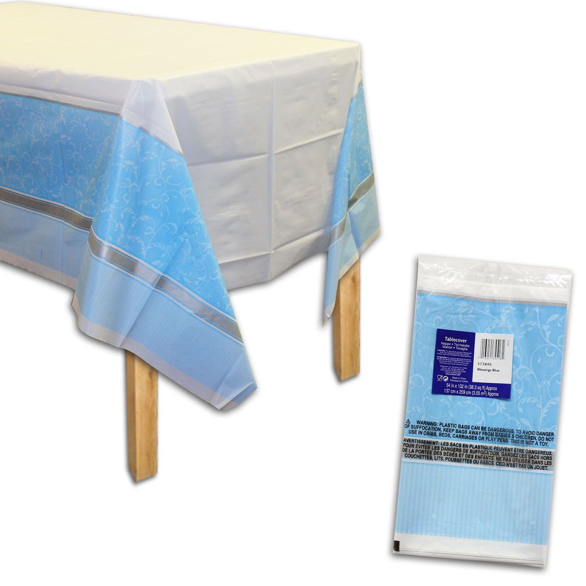 Amscan Blue Blessings Religious Party Scroll Printed Rectangular Table Cover Tableware, Blue, 54" x 102"