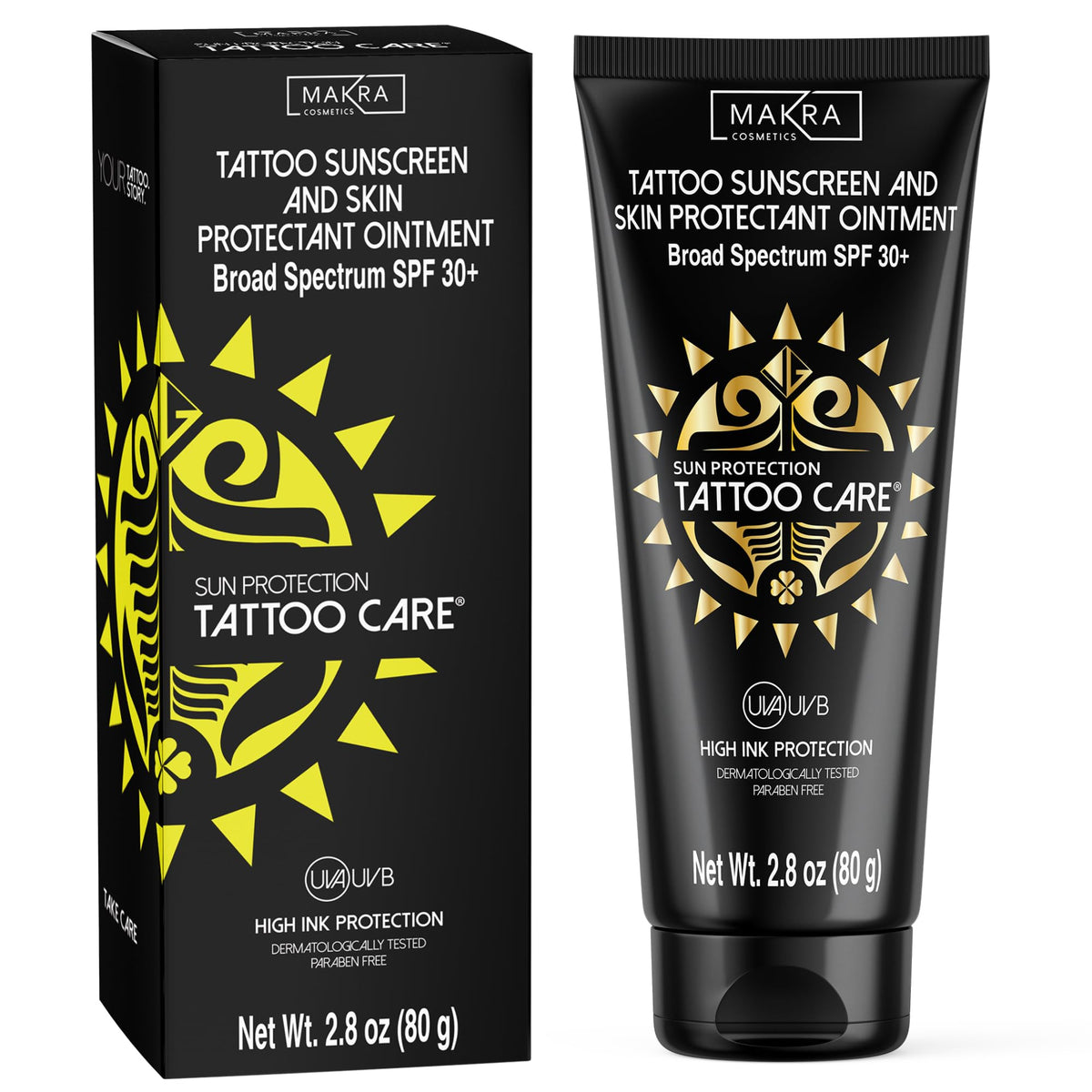 Makra Tattoo Care Sunscreen - SPF 30+ Ointment for Tattoo Sun Protection - UVA/UVB Protection - Deeply Moisturizes and Protects Ink Against Fading - Enhances Colors, Water Resistant - 2.8 Oz/80 g