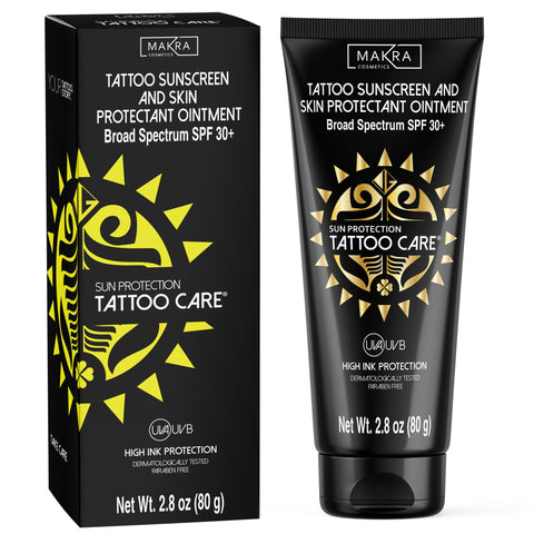 Makra Tattoo Care Sunscreen - SPF 30+ Ointment for Tattoo Sun Protection - UVA/UVB Protection - Deeply Moisturizes and Protects Ink Against Fading - Enhances Colors, Water Resistant - 2.8 Oz/80 g