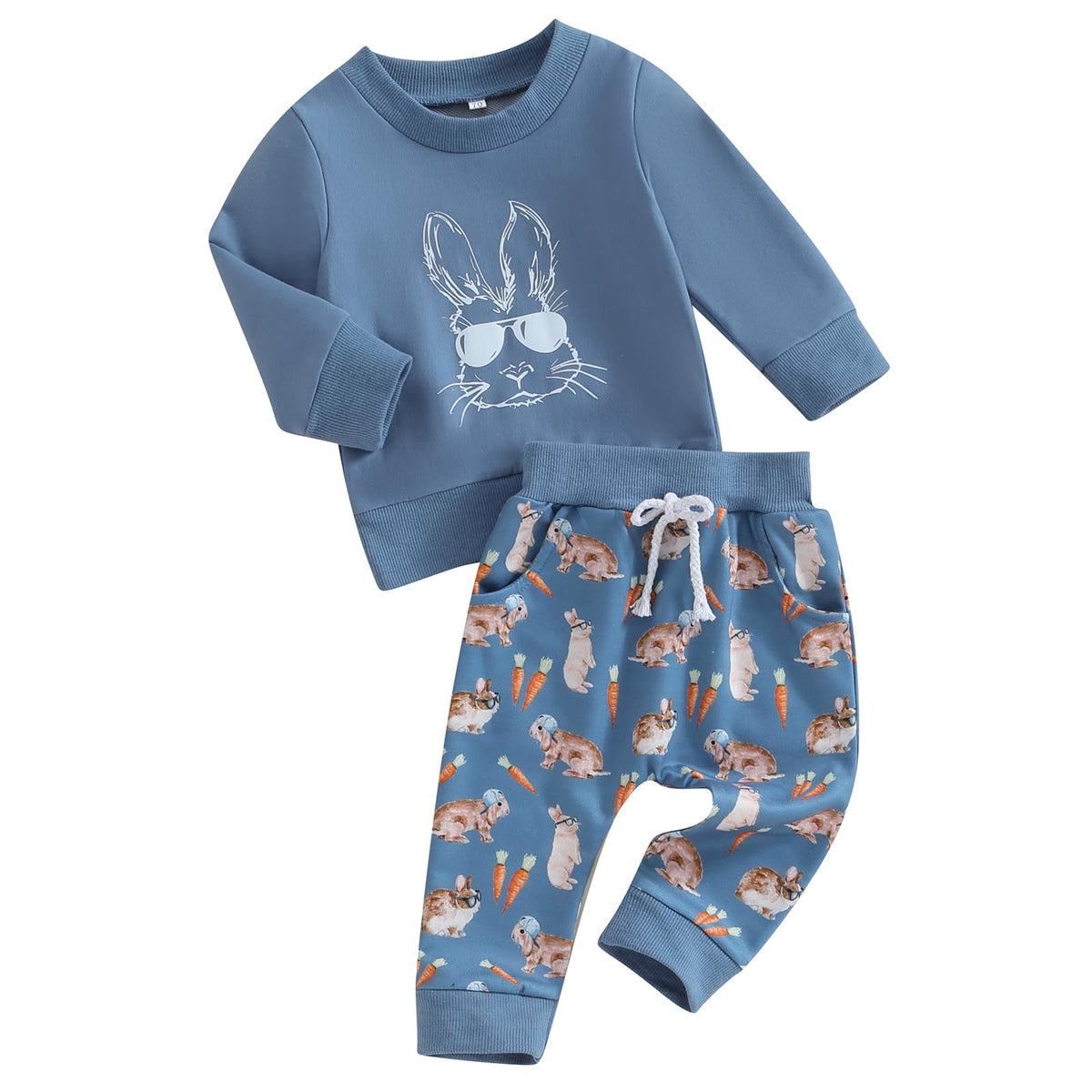 XIXIMAON Easter Baby Clothes Set Toddler Baby Boys Girls Tracksuit Set Bunny Carrot Print Long Sleeve Jumper Long Pants Set 2pcs Kids Rabbit Outfits (Blue, 2-3 Years)
