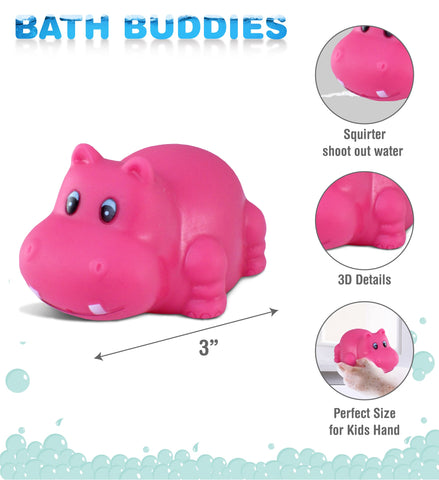 DolliBu Hippo Bath Buddy Squirter - Floating Pink Hippo Rubber Bath Toy, Fun Water Squirting Bathtime Play For Toddlers Cute & Soft Wild Life Animal Toy For Bathtub, Beach and Pool for Girls and Boys