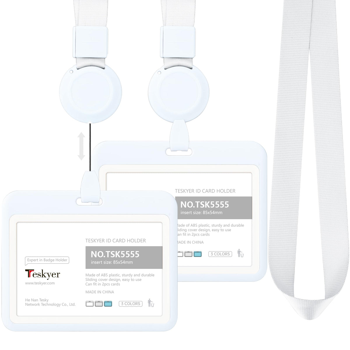 Teskyer 2 Pack Card Holder with Lanyard, Retractable Lanyard, ID Badge Holder with 1 Clear Window, Hold 1 Card, for Office, Business, Bus Passes, White