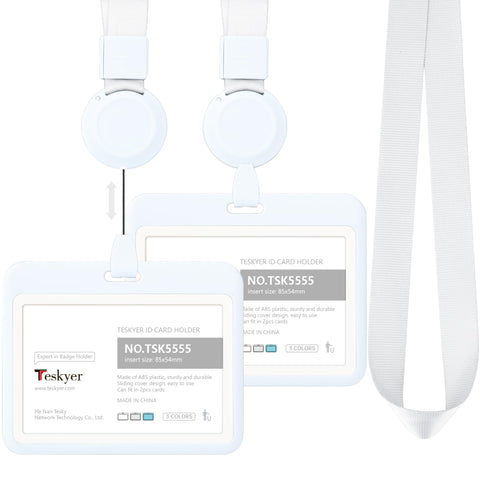 Teskyer 2 Pack Card Holder with Lanyard, Retractable Lanyard, ID Badge Holder with 1 Clear Window, Hold 1 Card, for Office, Business, Bus Passes, White