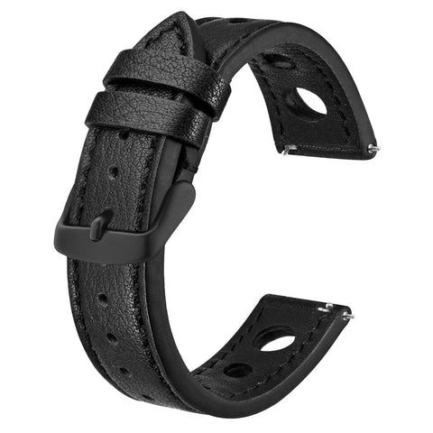 BISONSTRAP Rally Watch Bands, Shrunken Leather Watch Straps for Men, 20mm, Black with Black Buckle