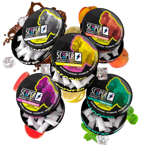 SCOOPER ENERGY I 5 cans I All-in-One-Box I Energy Pouches Sugarfree I 80 mg Natural Caffeine All Flavour Pack I 12 Pouches I Cool Grapefruit, Fresh Mint, Iced Cola, Iced Peach & Lemon Tea